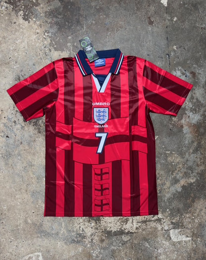 England 1998 Away Shirt Beckham #7 Retro Umbro Red Jersey World Cup France 98